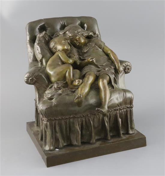 Aristide-Onésime Croisy (French 1840-1899). Le Nid, a bronze group of two children sleeping upon a buttonback chair, signed, height 1
